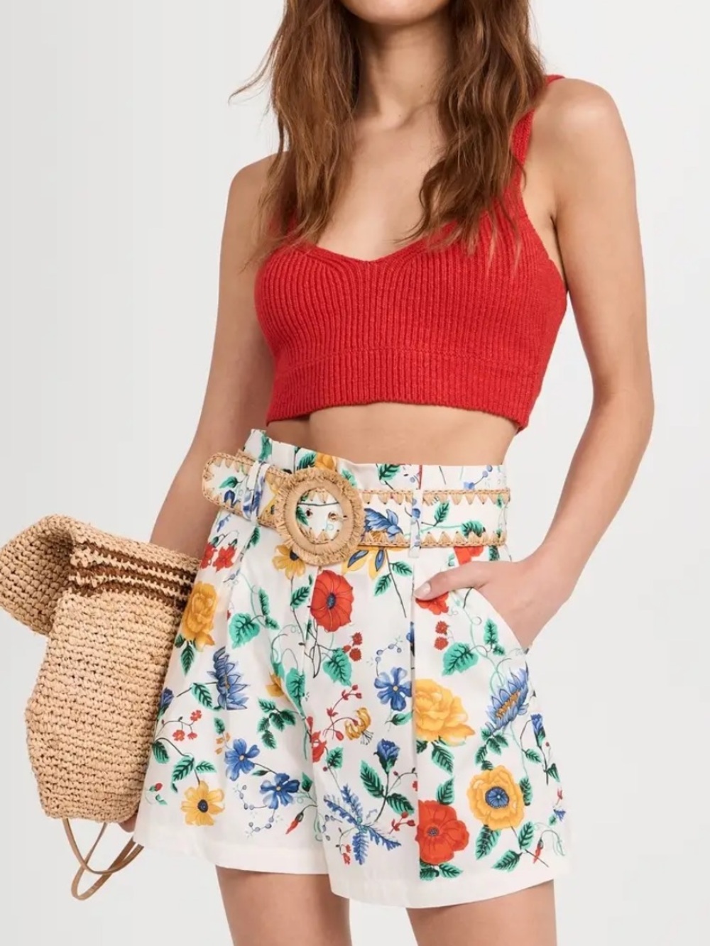 Cara Cara White Floral High-Waist Shorts with Multicolor Blooms - Picture 4 of 13